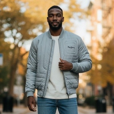 VTG Pepe Jeans London Quilted Bomber Jacket Mens XXL Gray Full Zip Puffer Coat