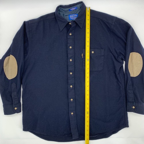 Pendleton Trail Flannel Shirt Elbow Leather Patch Pocket 100% Wool Men L Blue - Picture 2 of 10