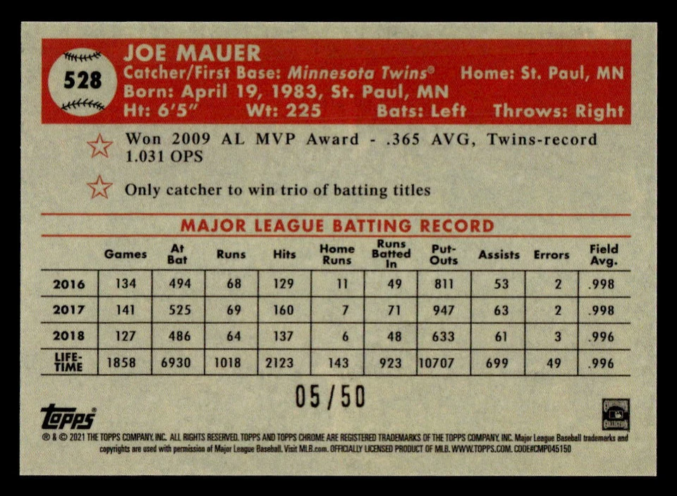 Joe Mauer 2021 Topps Chrome Platinum #528 Gold Wave Refractor #05/50 - Image 2 of 2