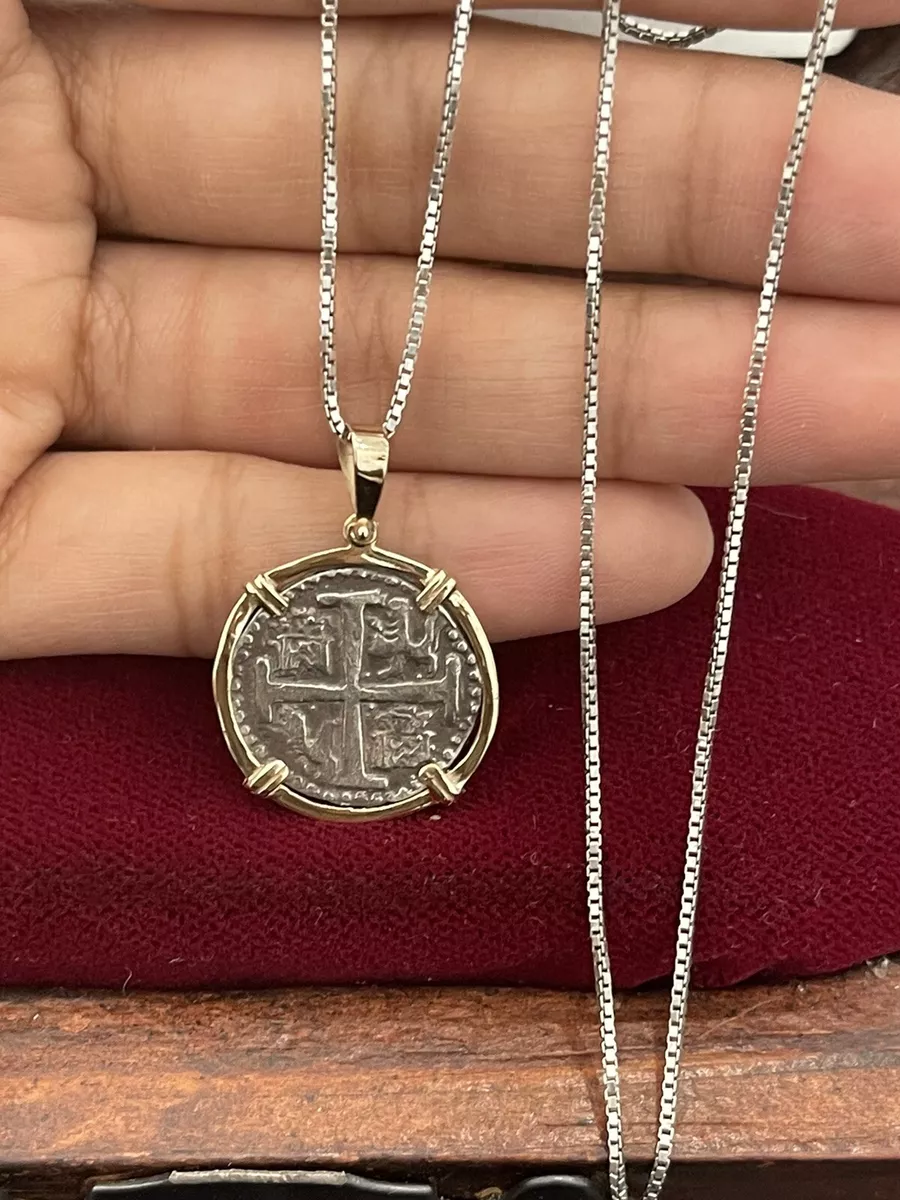Atocha Silver Coin Pendant In 14kt Gold Bezel With 925 Sterling Silver Chain 20