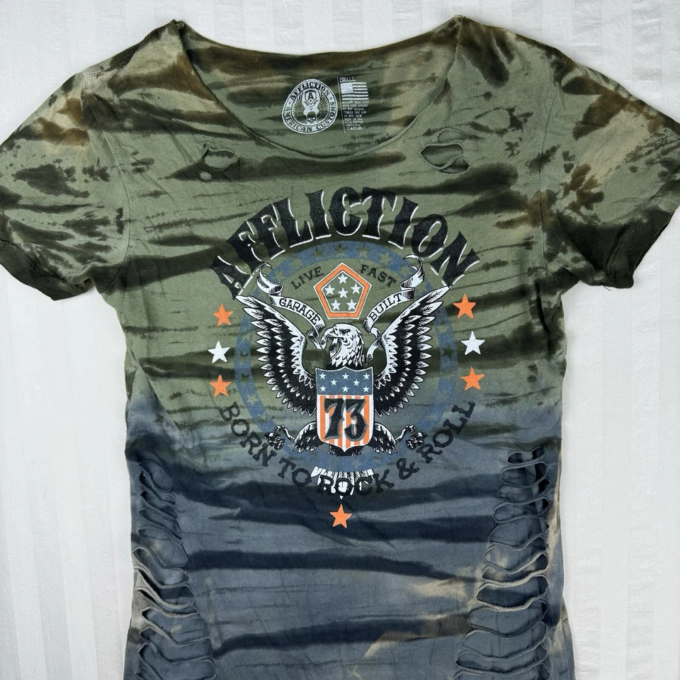 Camiseta Affliction Mujer Pequeña Punk Grunge Thrash Militar Rayas Destruida Foto 2 de 4