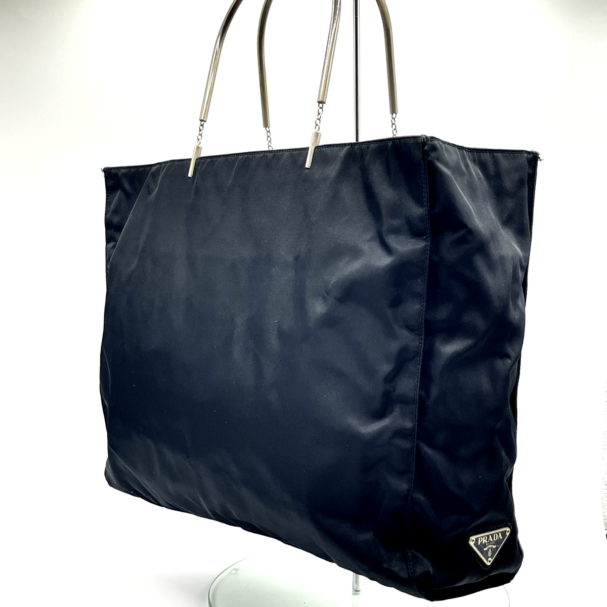 PRADA Hand Bag Triangle Plate Nylon Black Metal Handle Tote 