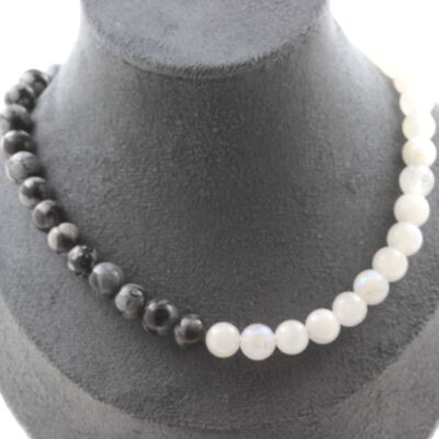Perlenkette Mondstein + Obsidian Schneeflocke 8 mm. damen halskette