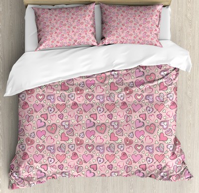 Love Duvet Cover Set with Pillow Shams Romantic Cute Sketch Heart Print