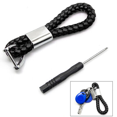4.53'' Braided Black Leather Strap Key Chain Ring Universal Fits Key Fob Remote