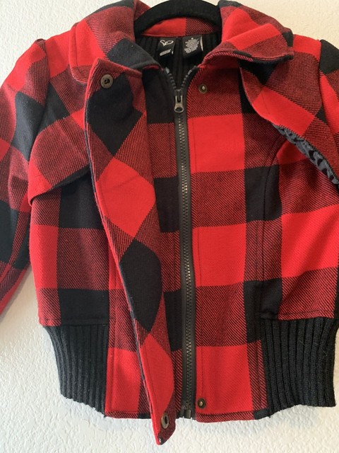 Windsor Womens S Plaid Flannel Zip up Cropped Jacket 3/4 Sleeve Red Black Button | eBay
