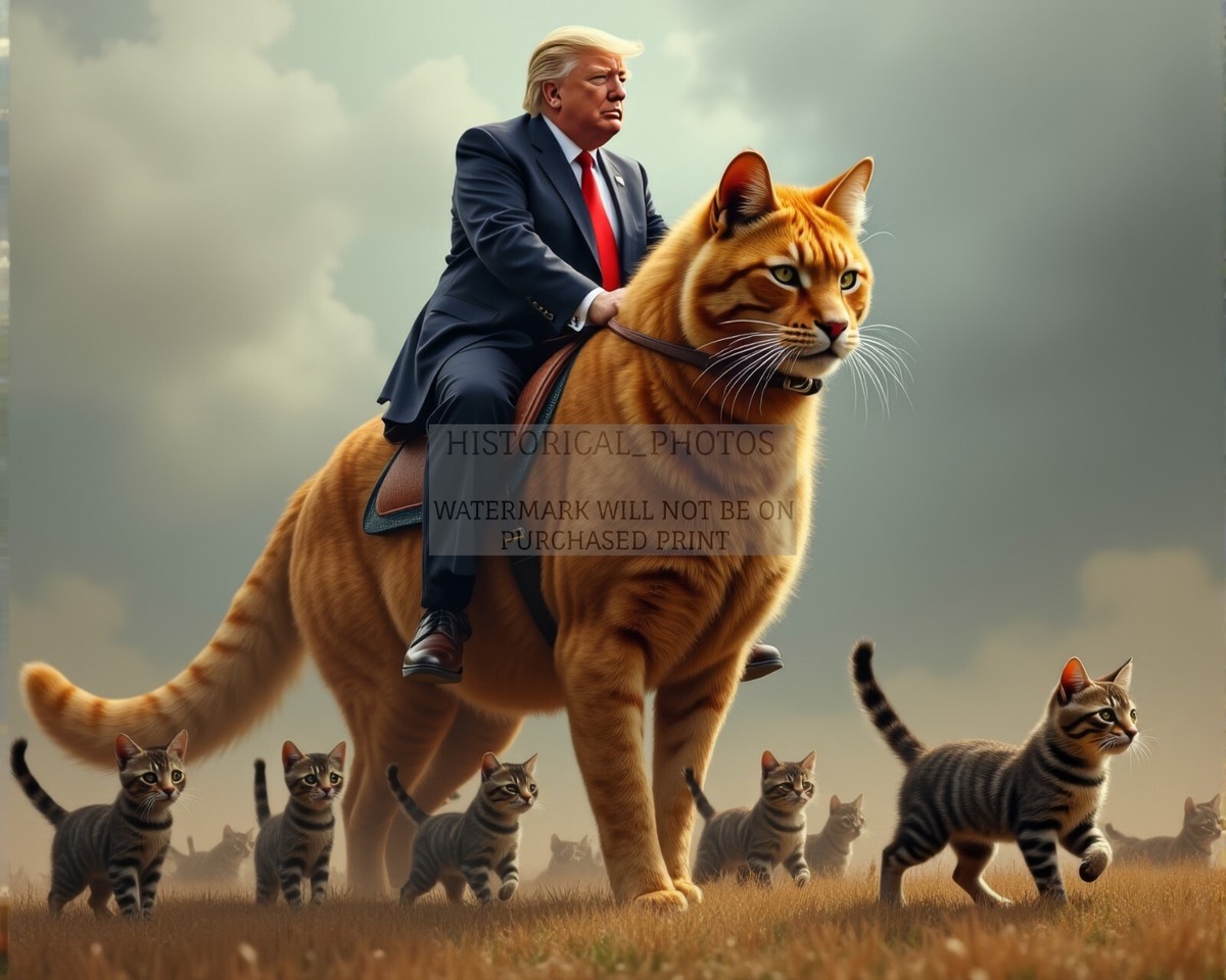 PRESIDENT DONALD TRUMP RIDING A GIANT CAT PROTECTING THE KITTENS 