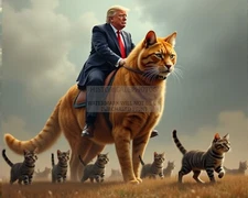 PRESIDENT DONALD TRUMP RIDING A GIANT CAT PROTECTING THE KITTENS 8X10 AI PHOTO