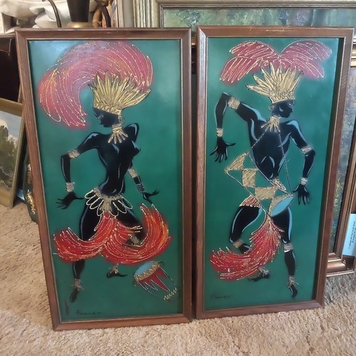 Pair of Midcentury Modern Wall Afican Tribal Art Paintings, Signed Franco - Picture 10 of 10