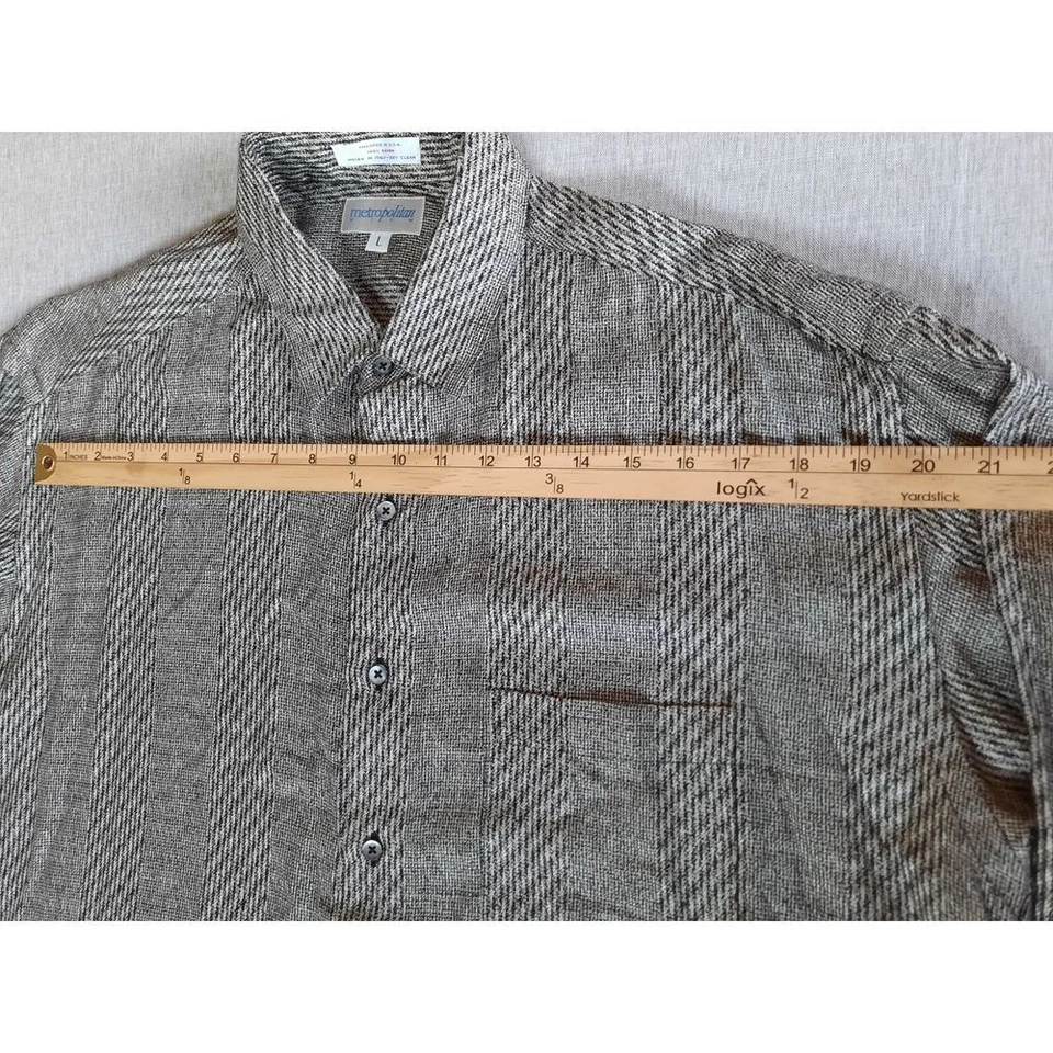 Vntg Metropolitan Men Large Herringbone Button Shirt Gray Long Sleeve Pure Rayon - Image 3 of 4