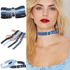 Blue Denim Rhinestone Choker Collar Necklace Party Accessories Gothic Punk
