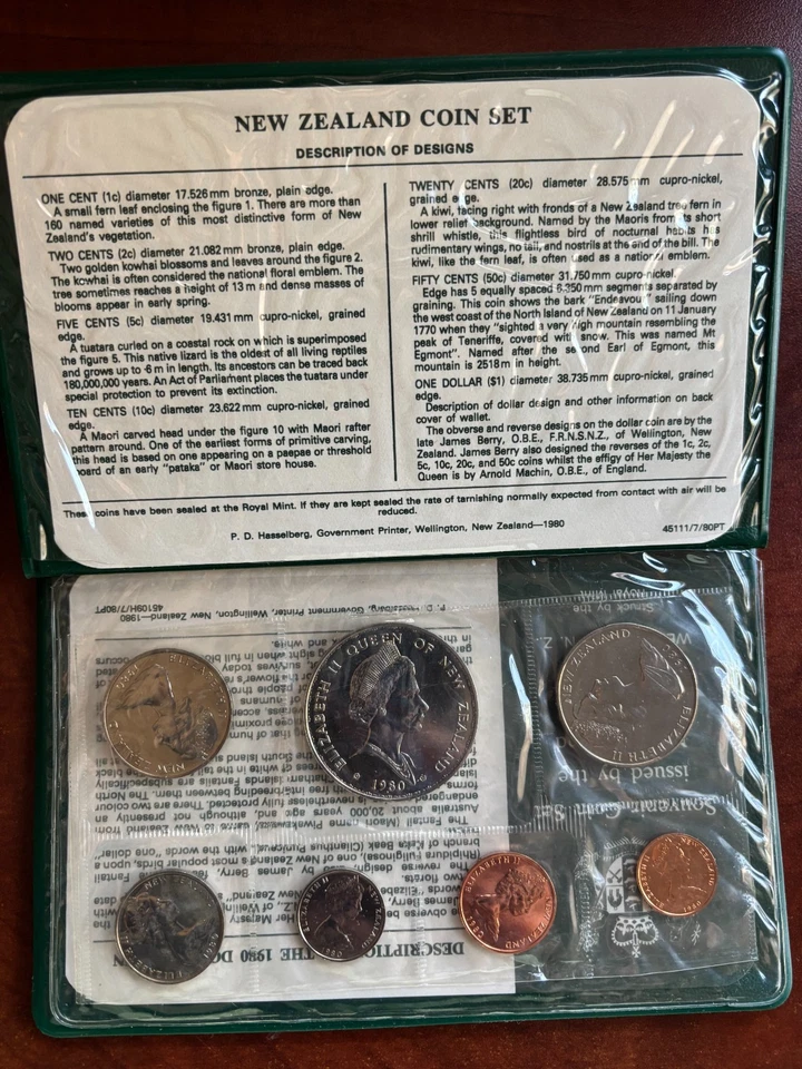 Juego de emisión de monedas de Nueva Zelanda 1980 emitidas por el Tesoro de Nueva Zelanda Foto 2 de 2