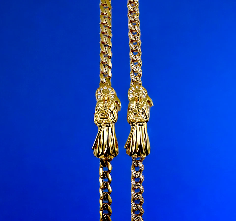 14K Yellow Gold Santa Muerte Reaper CZ Monaco Cuban Link Chain ID Bracelet - Image 2 of 4