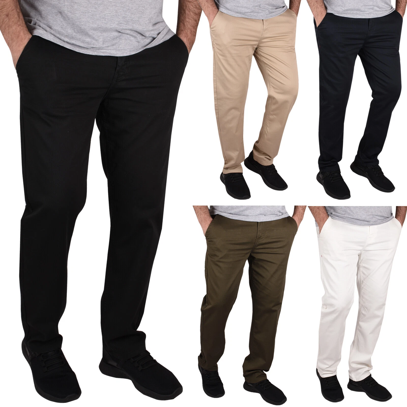 Mens Slim Fit Chino Designer Straight Leg Jeans Stretch Casual Trousers Pants
