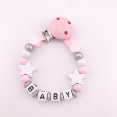 Baby Girl Personalised Dummy Chain Star Wooden Pacifier Clip Gift Shower  UK