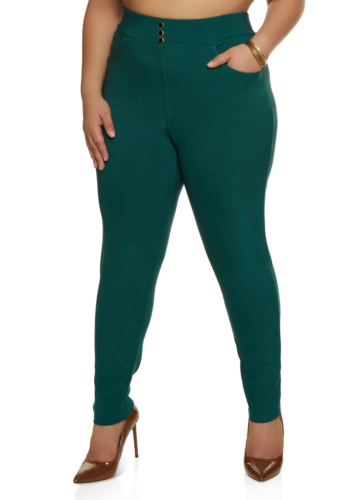 Women Plus Size Green Scuba Pull On Skinny Pants/Pockets & buttons. Size 3XL. - Picture 1 of 2