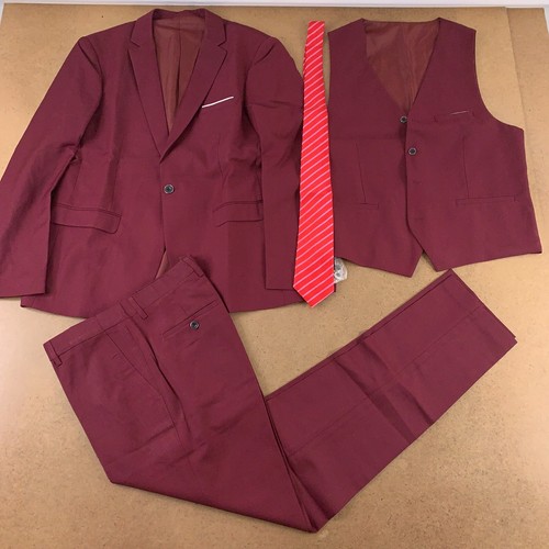 MrSure Men’s Small Slim Fit Burgundy 4 Piece Tie Vest Pants Jacket Suit Set NWT