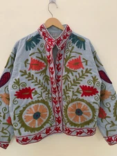 Hand Embroidered Cotton Canvas Suzani Short Jacket | Autumn Winter Boho Coat