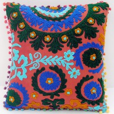 Indian Ethnic Floral Cotton Suzani Embroidery Handmade Cushion Covers 16x16"