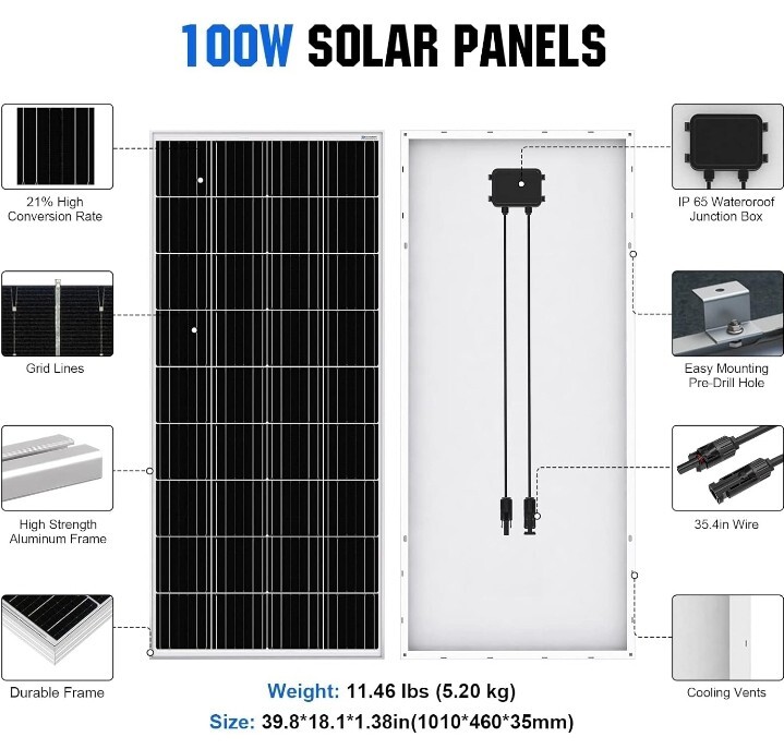 1Pc 100 Watt Solar Panels 12 Volt Monocrystalline (We Ship To Guam &Amp; Pr Also)