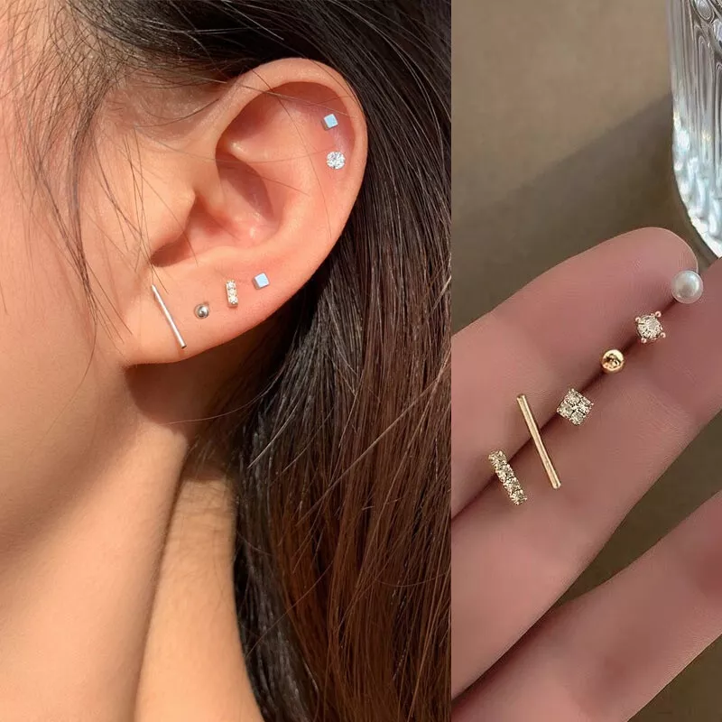 5 Pcs Pearl Crystal Small Ear Studs Earrings Set Women Girls