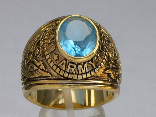 12x10 mm United States Army Military March Aqua Marine Stone Men Ring Size 8