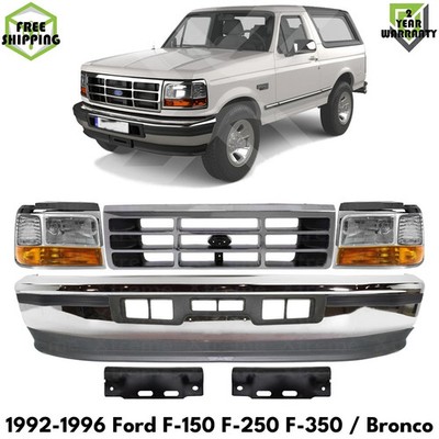 Front Bumper Chrome Steel & Headlight Kit For 1992-1996 Ford F-150 F-250 F-350