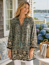 Natural Life Women's Floral Boho Tunic Top Rayon Tassel Tie S Peasant Blouse