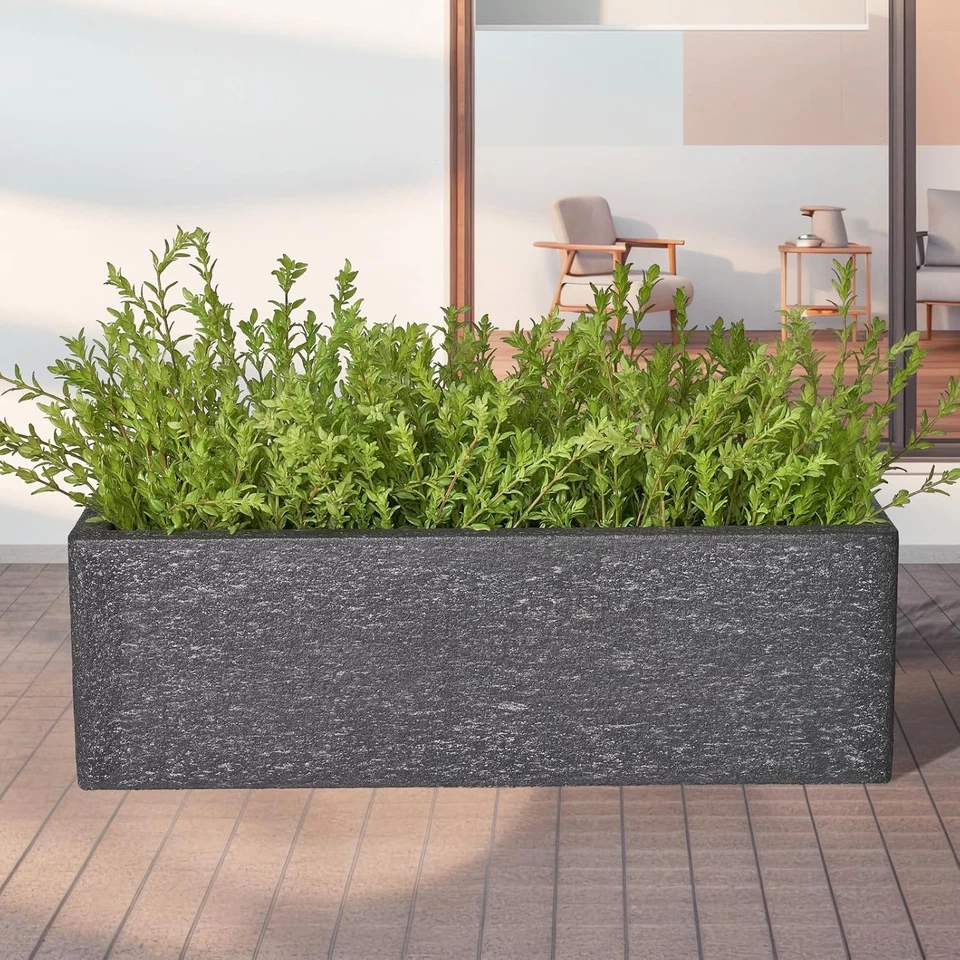 24 Inch Rectangular Concrete Planter,Durable All-Weather Use with Drainage Holes - Image 3 of 4