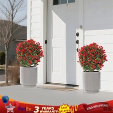 2 Artificial Boxwood Topiary Ball Trees Set with Red Flowers for Indoor/Outdoor
