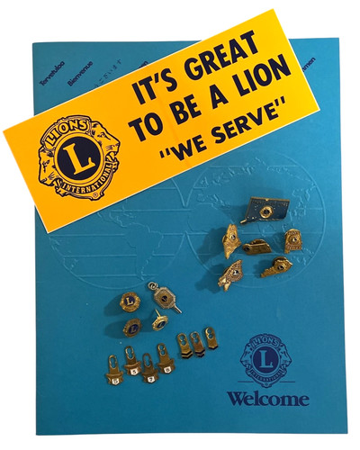 Lions Club Memorabilia Lot Pins Attendance Award Welcome Book Bumper Sticker Vtg