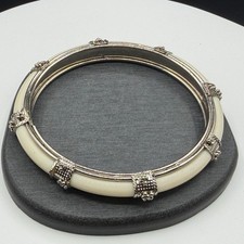 Cream Resin Silver Tone Ornate Bangle Bracelet Boho Statement Costume Jewelry