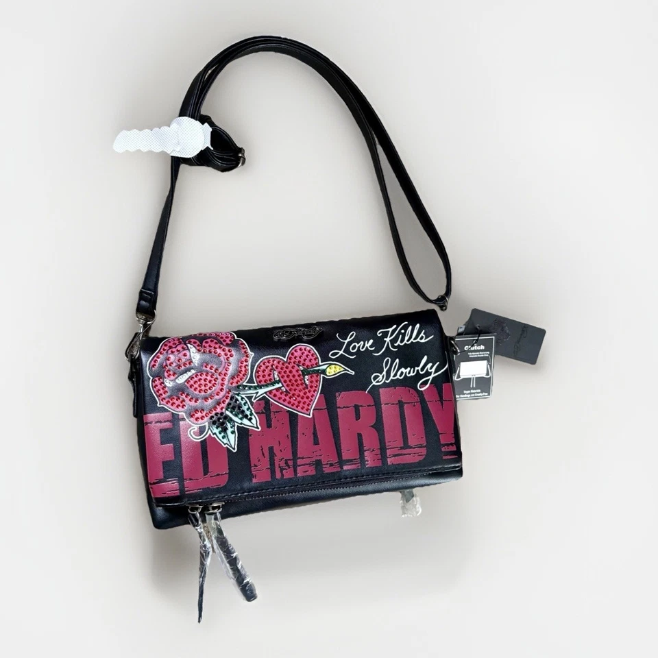 ED HARDY Love Kills Slowly BLK Rhinestone XBODY CLUTCH Rose Y2K Tattoo Skull - Image 3 of 4