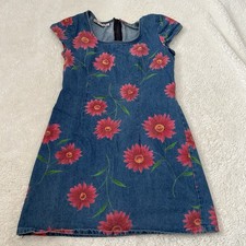 VTG Womens Floral Denim Fit Flare Dress Made In USA 7/8 Cotton Boho Indie Casual
