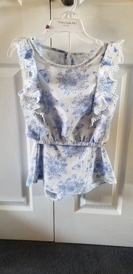 Tahari Mädchen Toilette de Jouy Stil weiß blau Mädchen Set Top und Skort Rock 8 Jahre
