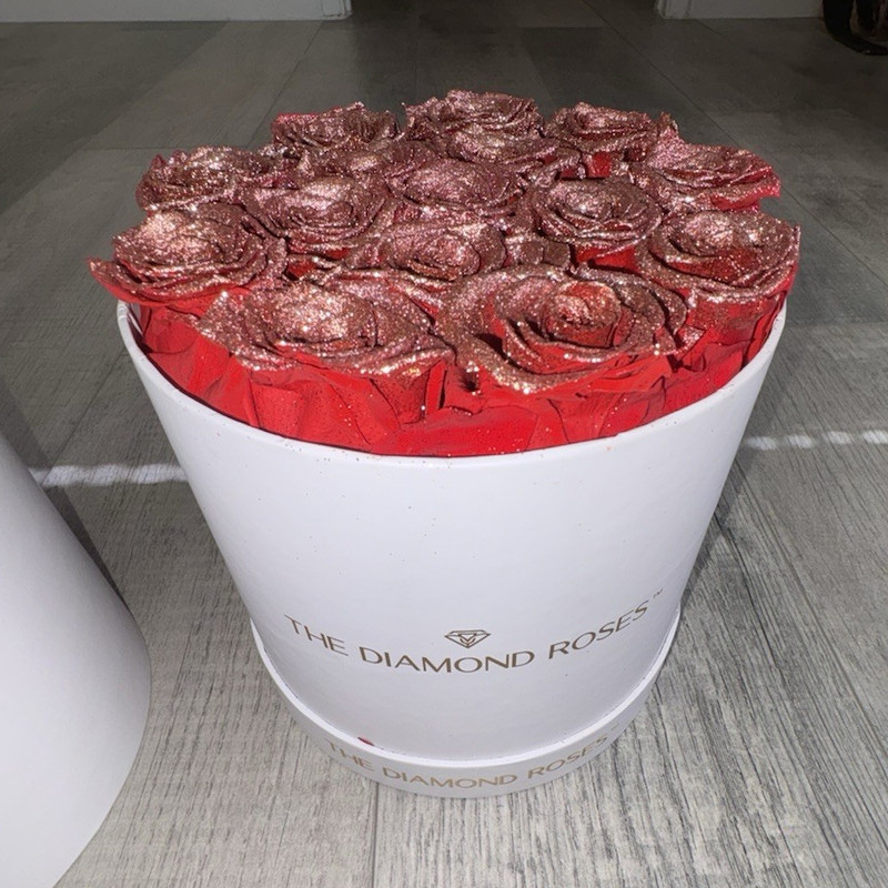 The Diamond Roses Rose Gold Artificial Rose Arrangement in White Hat Box