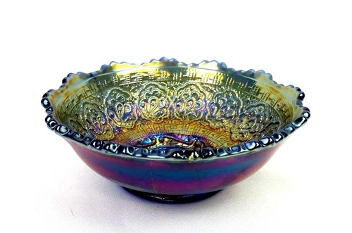 Fenton Carnival Glass Blue Iridescent Persian Medallion 5 1/8" Ruffled Bowl 1920