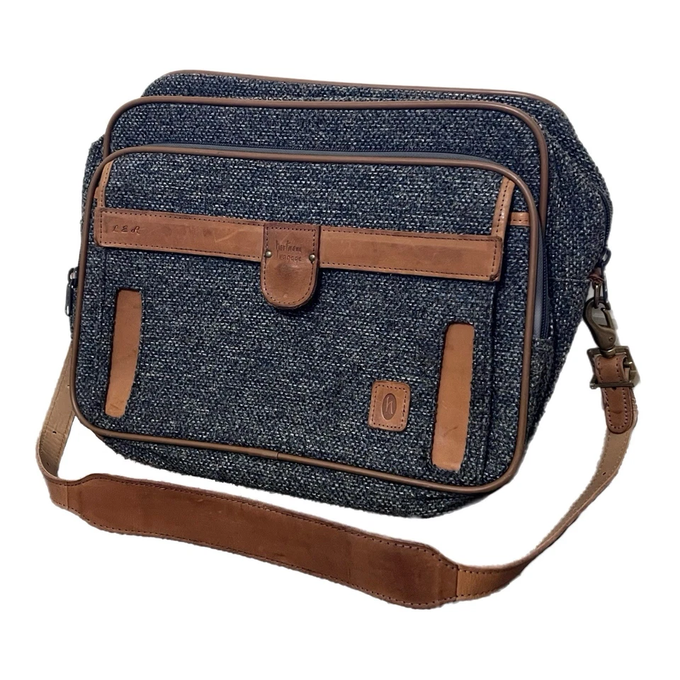 Bagagem de mão vintage Hartmann anos 70 azul tweed acabamento em couro bolsa de viagem - Imagem 3 de 4