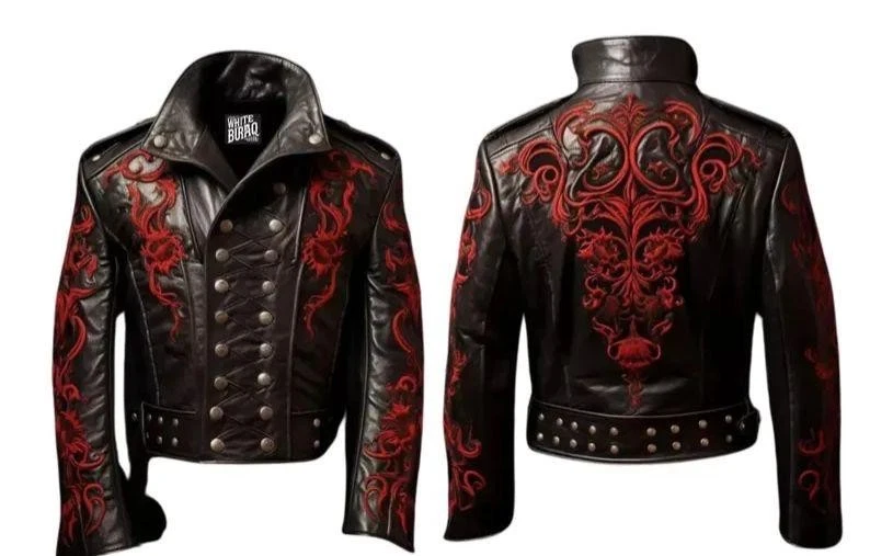 Chaqueta de Cuero Steampunk Gótica Negra Militar Dragón Rojo Bordado Punk Rock Foto 2 de 4
