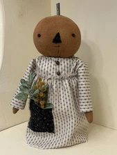 9" Handmade Primitive Fall Halloween Pumpkin Head Doll with Greens/Floral Pocket