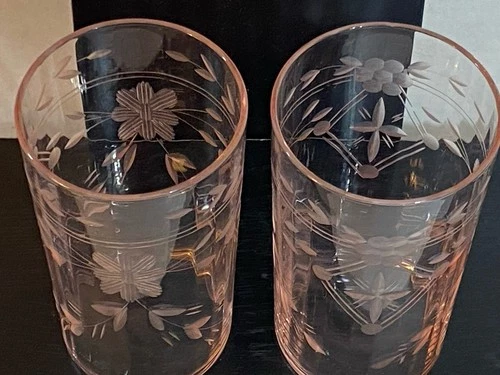 Pair Pink Depression Glass Etched Floral Tumbler Juice Glasses 4 1/2”Vintage 8oz