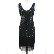 Babeyond Dress Womens Small Black Sequins Beads Side Zip Fringes Flapper 20s