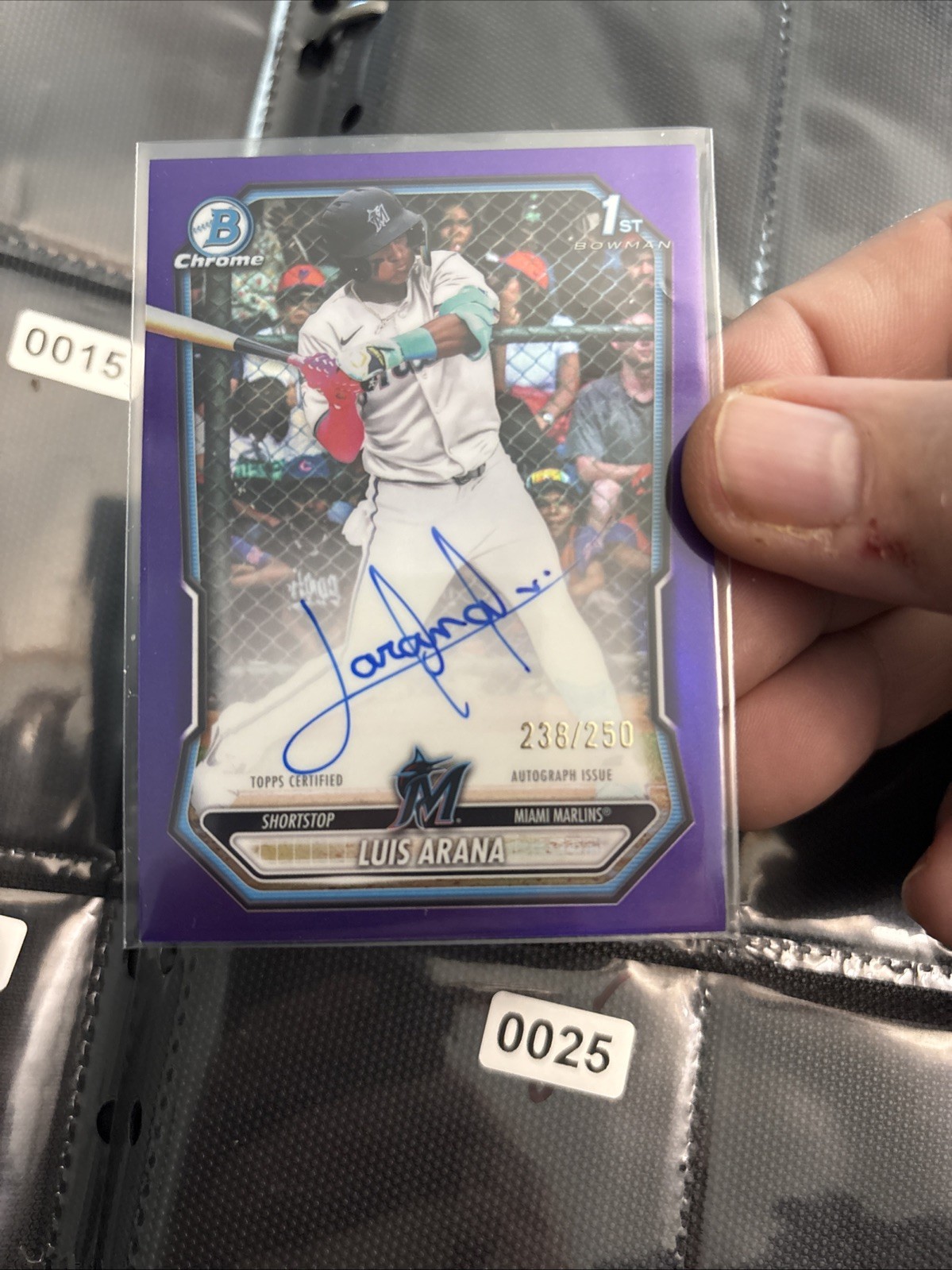 2026 1st Bowman Chrome Purple Refractor Luis Arana Auto /250 RC SP Marlins 010