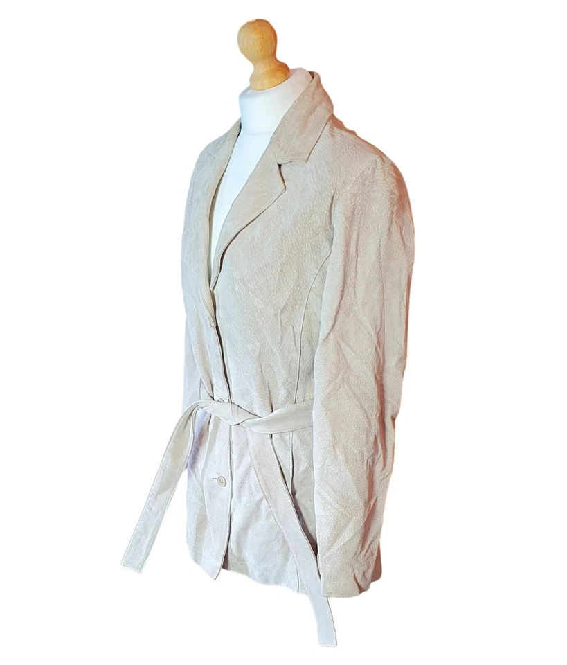 Outer Edge Ladies 100% Real Suede Leather Jacket Size S Beige Suede Belted Coat - Image 2 of 4