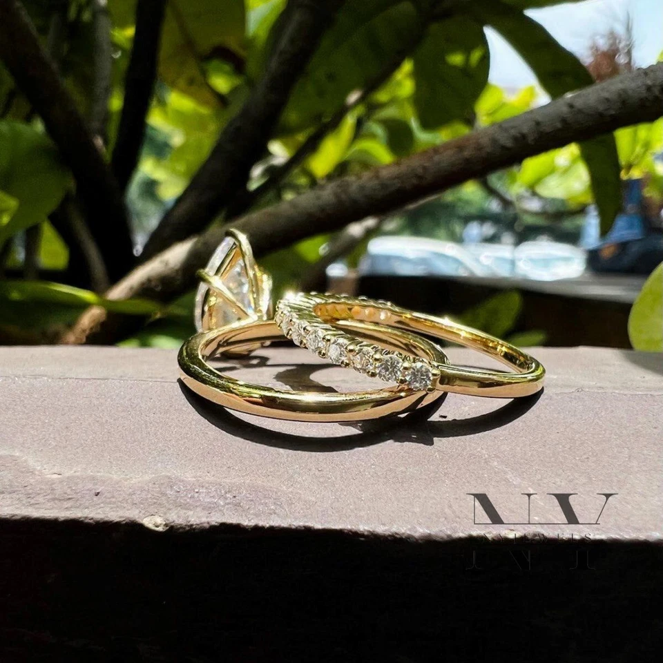 Moissanite Bridal Set Engagement Ring 2.50 Carat Pear Cut Solid 14K Yellow Gold - Image 2 of 4