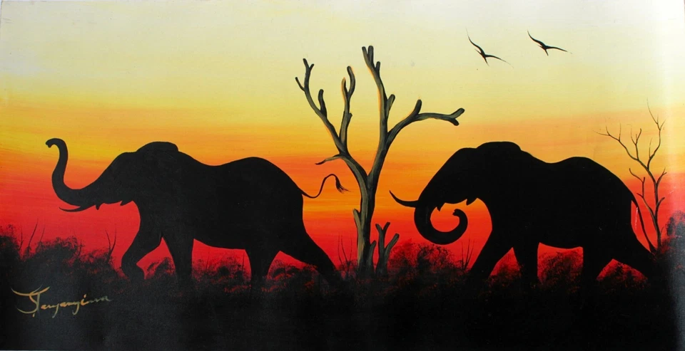 Elefanten, handgemaltes afrikanisches Bild Leinwand 31x61cm Unikat aus Südafrika - Bild 1 von 1