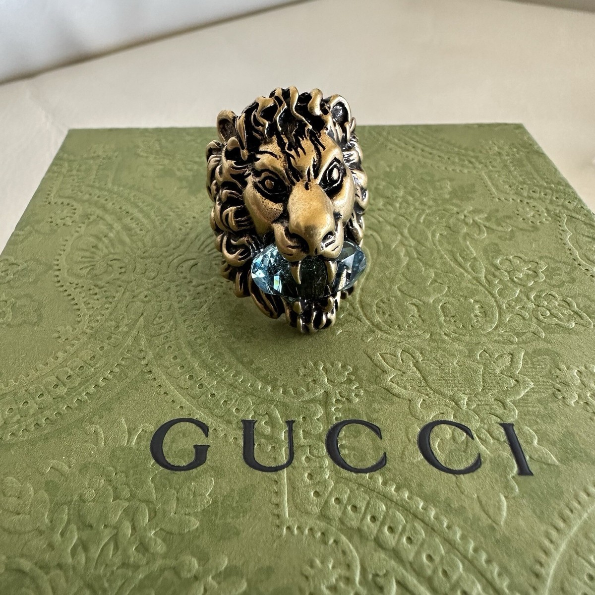 NEW Gucci Lion Head Gold Ring Blue Aquamarine Stone Size 16