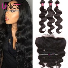 UNice 8A Indian Body Wave Human Hair 3 Bundles With Ear to Ear 13 4 Lace Frontal