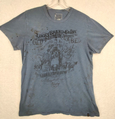 Lucky Brand Old Black Label Whiskey Sz M DISTRESSED- HOLES Street Skate Tee 5042