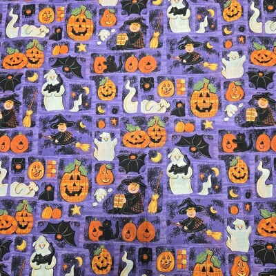 Halloween Fabric Purple Jacko-o-lantern Ghost Black Cat 2yds 46''x72''